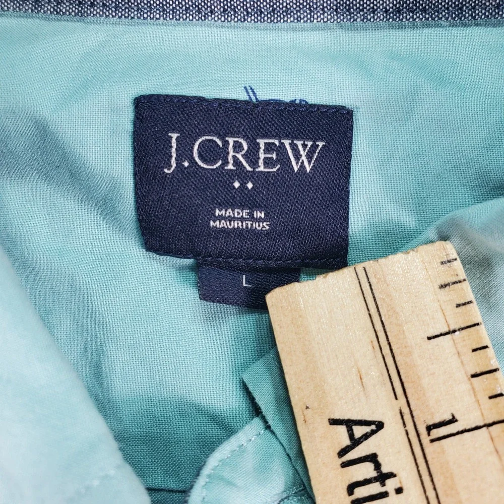 J.Crew Mens Large Short Sleeve Button Down Shirt Teal Cocktail Drink‎ Print flaw